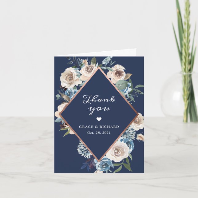 Carte De Remerciements Rose d'or bleu bleu bleu marine Mariage (Devant)