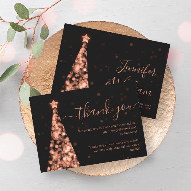 Carte de remerciements Rose d'or de l'arbre de Noë (Festive Xmas Tree Rose Gold Wedding Thank You Card)