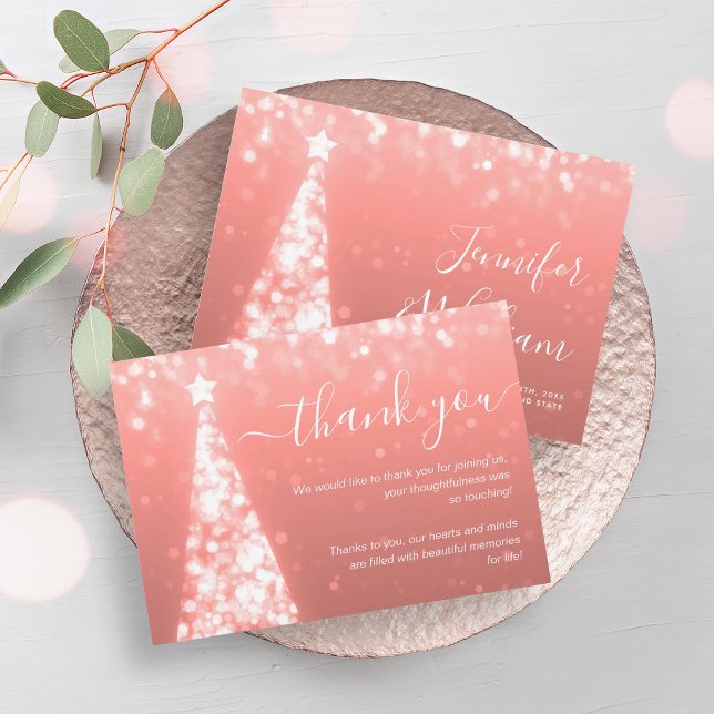 Carte de remerciements Rose d'or de l'arbre de Noë (Festive Xmas Tree Rose Gold Wedding Thank You Card)