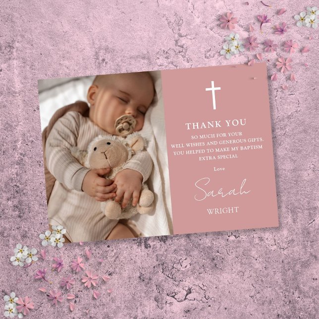 Carte De Remerciements Rose Dusty Script Photo moderne Baptême Christenin (Dusty Rose Script Modern Photo Baptism Christening Thank You Card)
