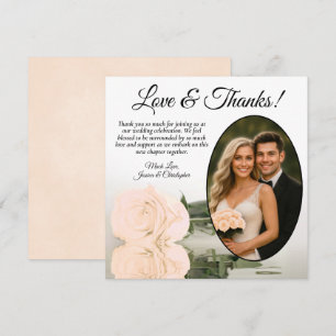 Carte De Remerciements Rose Élégante Pêche Pâle avec Mariage Photo Ovale