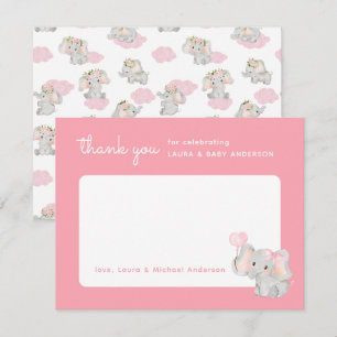Carte de remerciements rose éléphant pour Baby sho