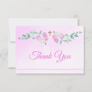 Carte De Remerciements Rose en aquarelle dégradé rose Croix Baptême Bébé