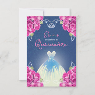 CARTE DE REMERCIEMENTS ROSE ESPAGNOLE ET QUINCEAÑERA BLEU  
