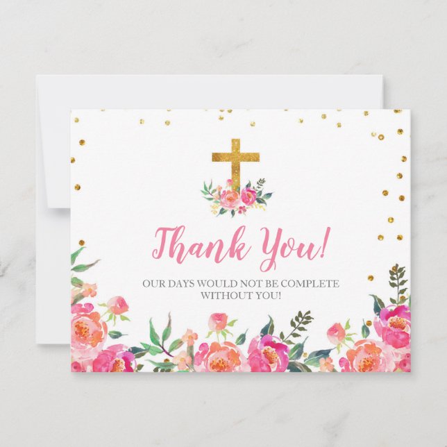 Carte de remerciements rose floral chic d'or (Devant)