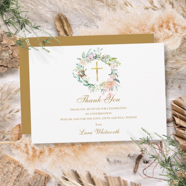 Carte De Remerciements Rose Floral Garland Confirmation Gold Script (Roses Floral Garland Confirmation Gold Script Thank You Card)