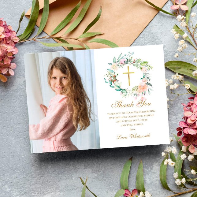 Carte De Remerciements Rose Floral Garland Première Sainte Communion Phot (Créateur téléchargé)