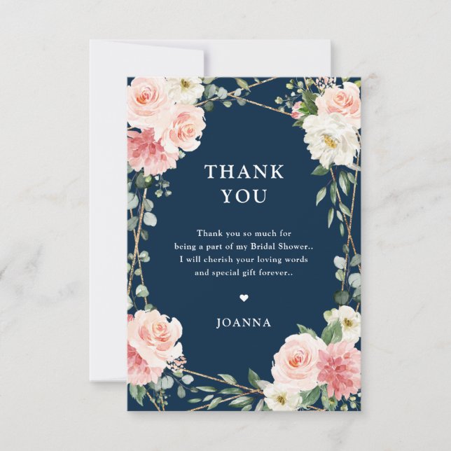 Carte De Remerciements Rose Floral Navy Géométrique Botanique Mariage (Devant)