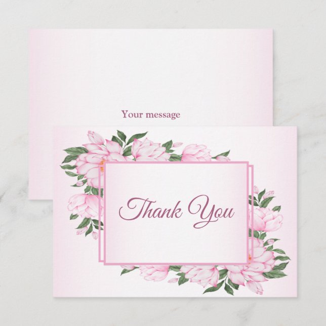 Carte De Remerciements Rose Floral Vert Feuilles Soirée de mariage élégan (Devant / Derrière)