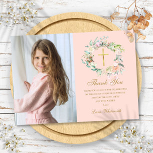 Carte De Remerciements Rose Garland Floral First Holy Communal Photo