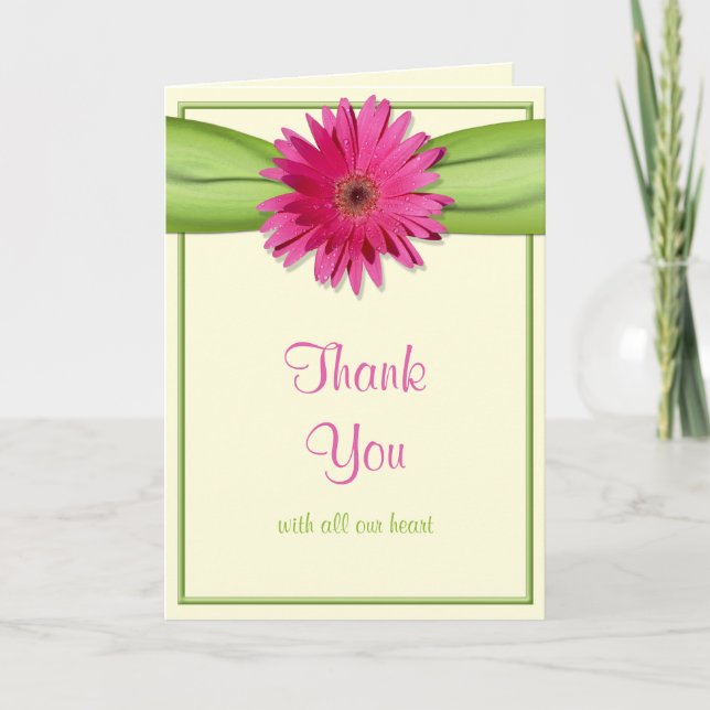 Carte De Remerciements Rose Gerbera Daisy Ruban Vert Mariage Remerciement (Devant)