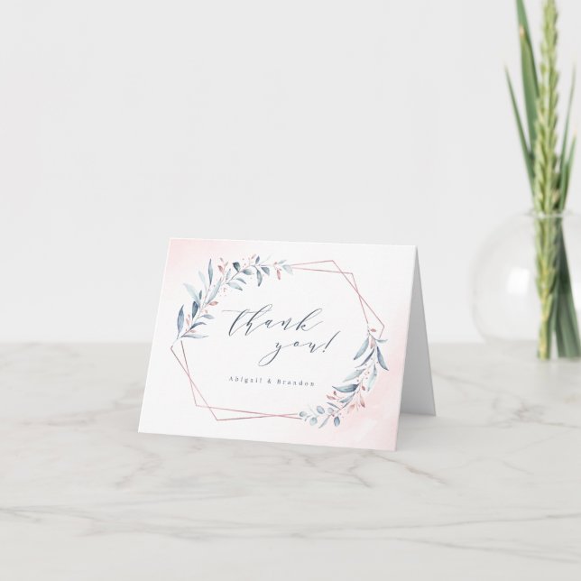 Carte De Remerciements Rose Gold Dusty Blue Greenery Mariage géométrique  (Devant)