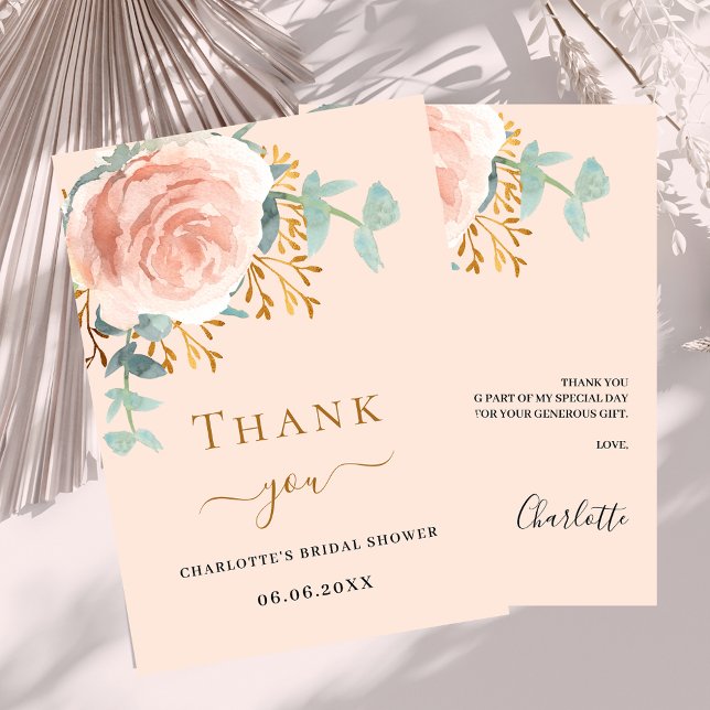 Carte De Remerciements Rose gold floral greenery pêche Baby Shower (Créateur téléchargé)