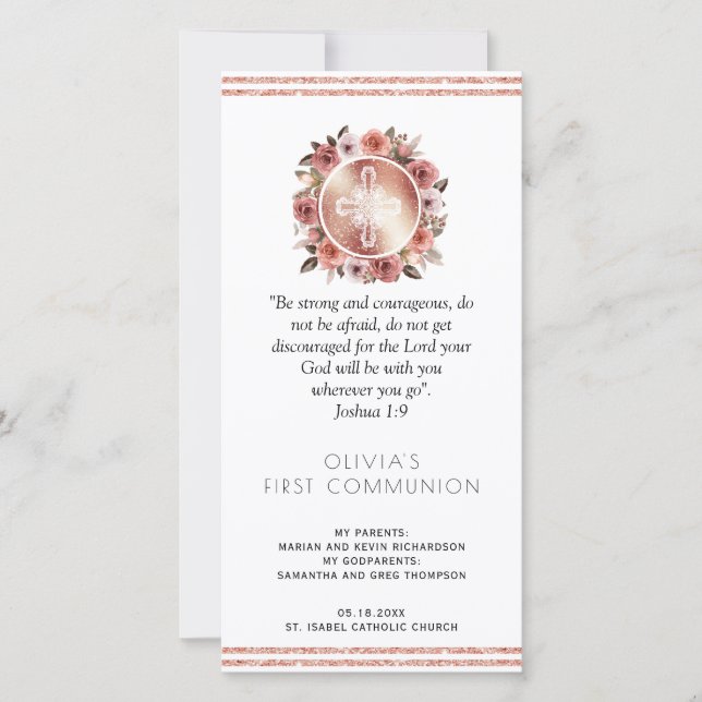 Carte De Remerciements Rose Gold Floral Première Communion Signet Favoris (Devant)
