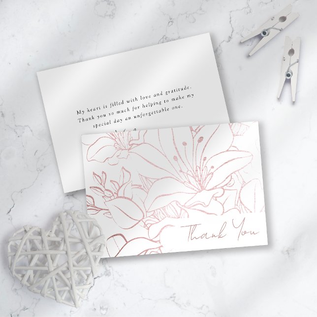 Carte De Remerciements Rose Gold Foil Ligne Art Floral Mariage Enterremen (Créateur téléchargé)