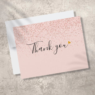 Carte De Remerciements Rose Gold Glitter Script Élégant Cœur en Or
