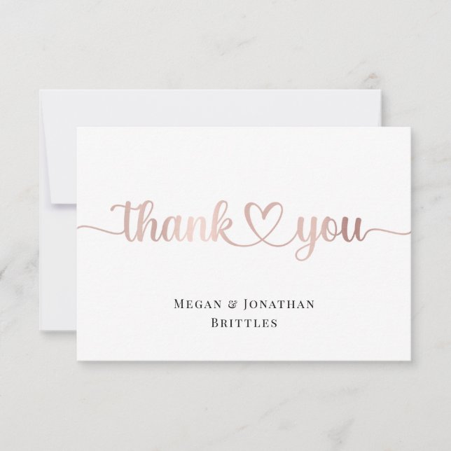 Carte De Remerciements Rose Gold Moderne Calligraphie avec Coeur (Devant)