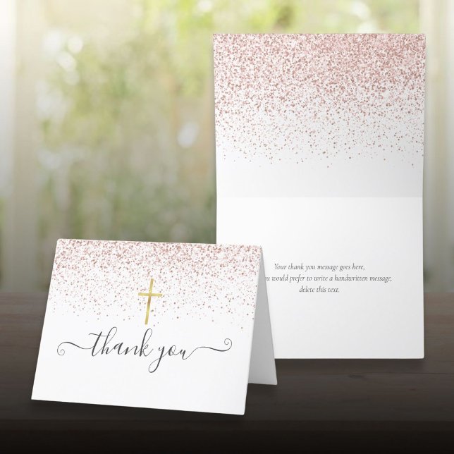 Carte De Remerciements Rose Gold Parties scintillant Gold Crucifix Script (Rose Gold Glitter Gold Crucifix Script Thank You Card)