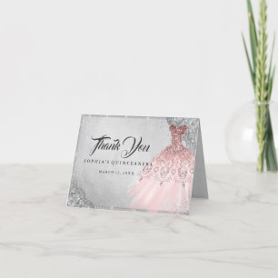 Carte De Remerciements Rose Gold Silver Diamond Sparkle Gown Quinceanera