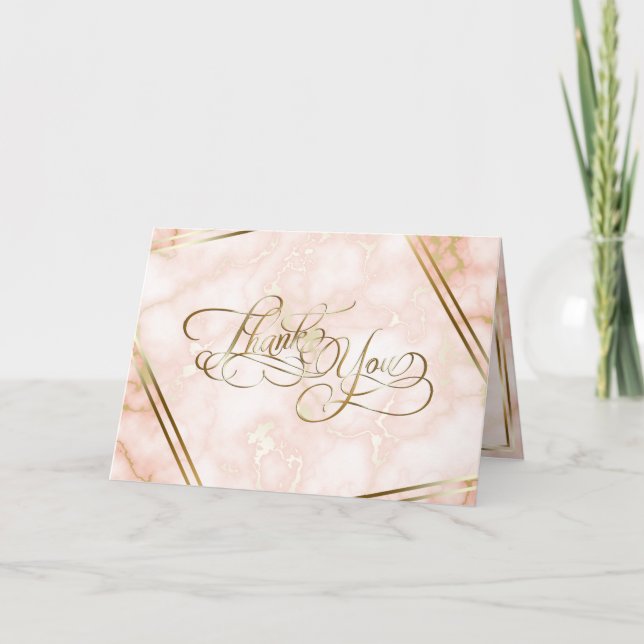 Carte De Remerciements Rose mariage et marbre d'or (Devant)