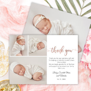 Carte De Remerciements Rose moderne Gold Script Baby 3 Photo Collage