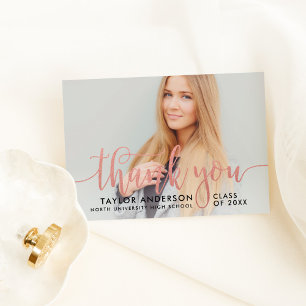Carte De Remerciements Rose moderne Gold Script Graduation Photo