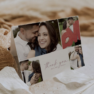 Carte De Remerciements Rose moderne Script 4 Photo Collage Folded Wedding