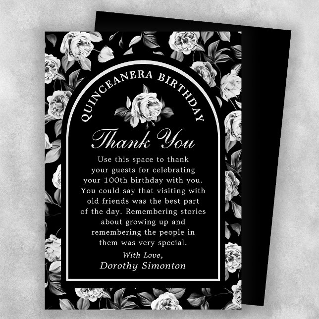 Carte De Remerciements Rose noir blanc Arc Floral Quinceanera (Créateur téléchargé)
