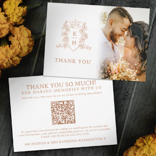 Carte De Remerciements Rose or couronne monogramme mariage photo QR Code