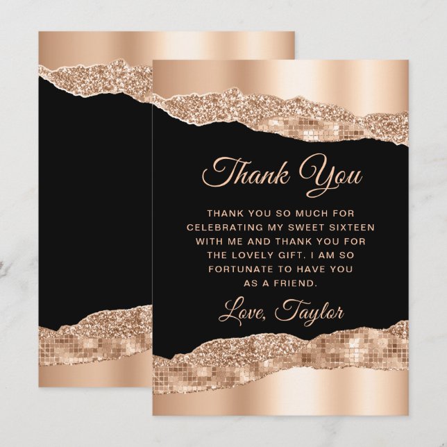 Carte De Remerciements Rose or et noir glam Larmes Sweet sixteen (Devant / Derrière)