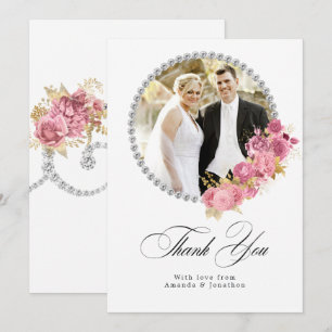 Carte De Remerciements Rose Pâle et Or Mariage Diamant Floral