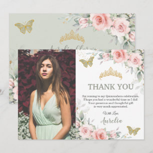 Carte De Remerciements Rose Pâle Floral Vert Sauge Photo de Quinceañera