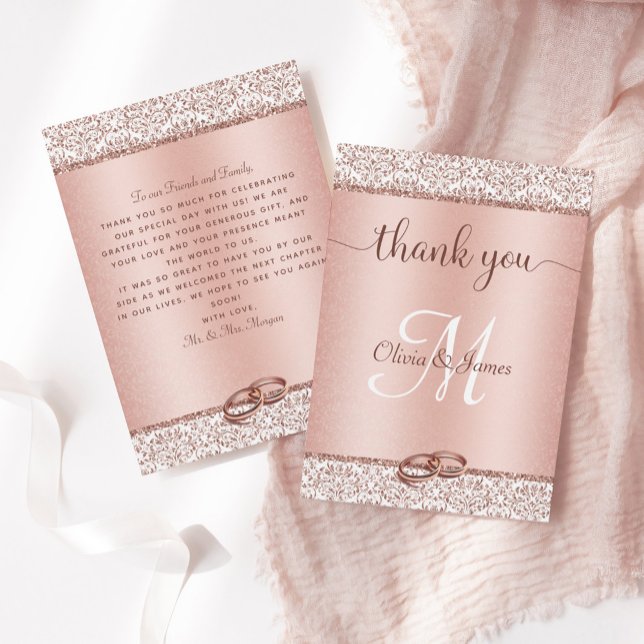 Carte De Remerciements Rose Parties scintillant or Damask Mariage métalli (Créateur téléchargé)