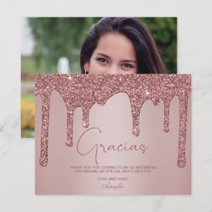 Carte De Remerciements Rose Parties scintillant or gouttes Quinceanera Gr
