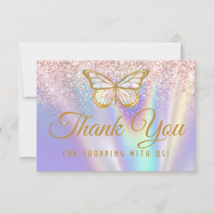 Carte De Remerciements Rose pastel girly papillon paillettes lilas