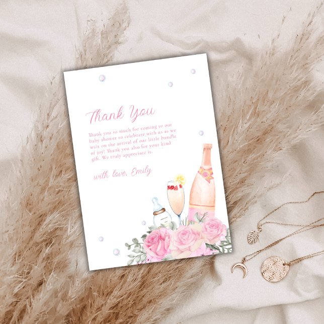 Carte De Remerciements Rose Poppin Champagne Bouteilles Baby shower (Pink Rose Poppin Champagne Bottles Baby Shower Thank You Card)