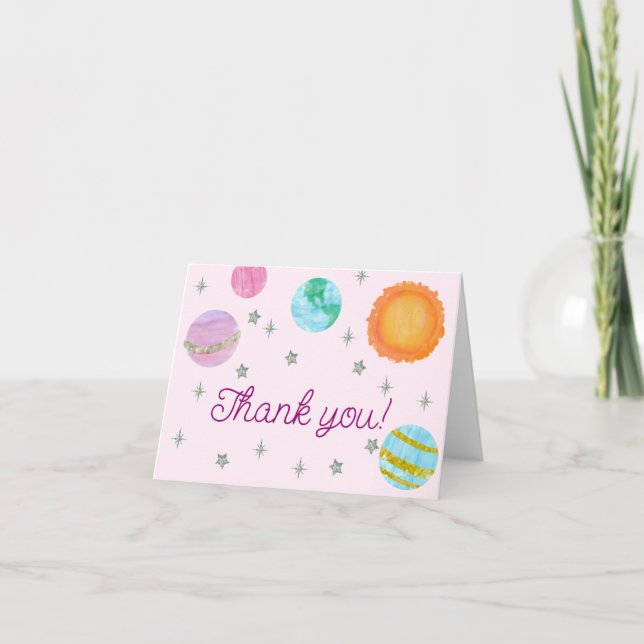 Carte De Remerciements Rose Premier Tour du Soleil Fille 1er Anniversaire (Devant)
