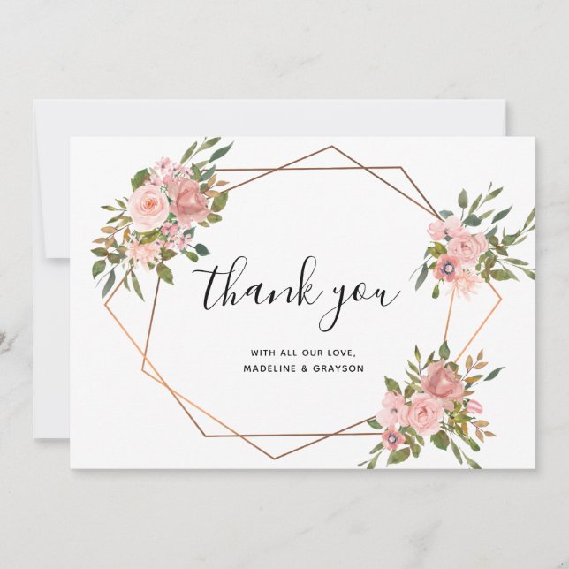 Carte De Remerciements Rose Rose Floral Gold Frame Mariage géométrique (Devant)