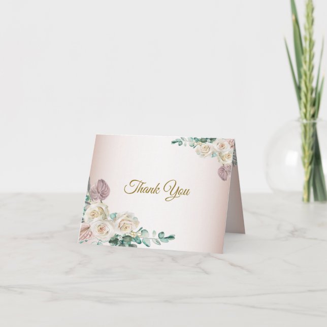 Carte De Remerciements Rose Rose Rose Rose Aquarelle Mariage vert (Devant)