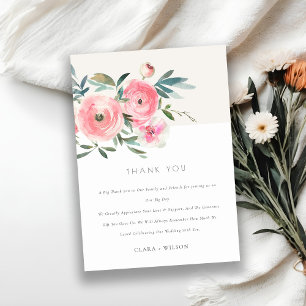 Carte De Remerciements Rose rose vert  Aquarelle Mariage floral