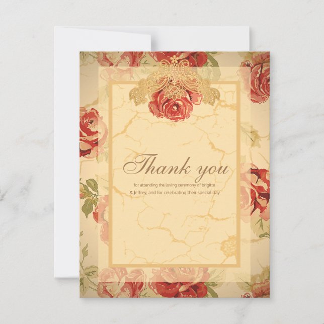Carte De Remerciements Rose rouge, crème, bronze antique floral (Devant)