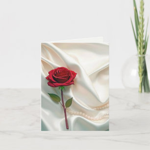 Carte De Remerciements Rose rouge et perles sur satin