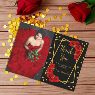 Carte De Remerciements Rose rouge Noir et or Quinceañera