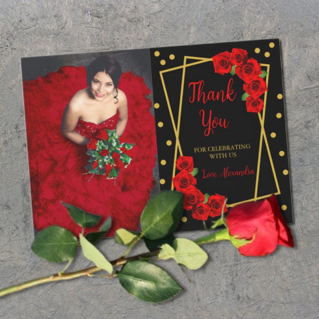 Carte De Remerciements Rose rouge Noir et or Quinceañera (Créateur téléchargé)