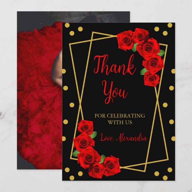 Carte De Remerciements Rose rouge Noir et or Quinceañera (Devant / Derrière)