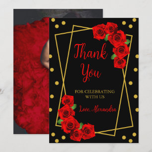 Carte De Remerciements Rose rouge Noir et or Quinceañera