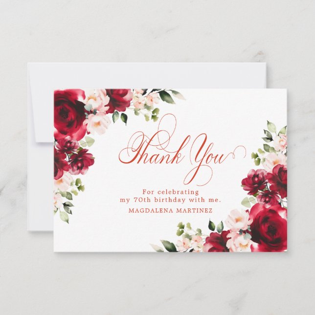 Carte De Remerciements Rose rouge rose florale personnalisée 70e annivers (Devant)