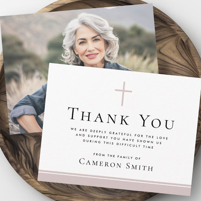 Carte De Remerciements Rose taupe croix deuil sympathie photo (Rose taupe cross funeral sympathy photo thank you card)