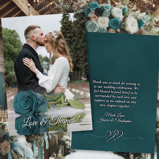 Carte De Remerciements Rose Turquoise en miroir Élégant mariage superposi (Front/Back)