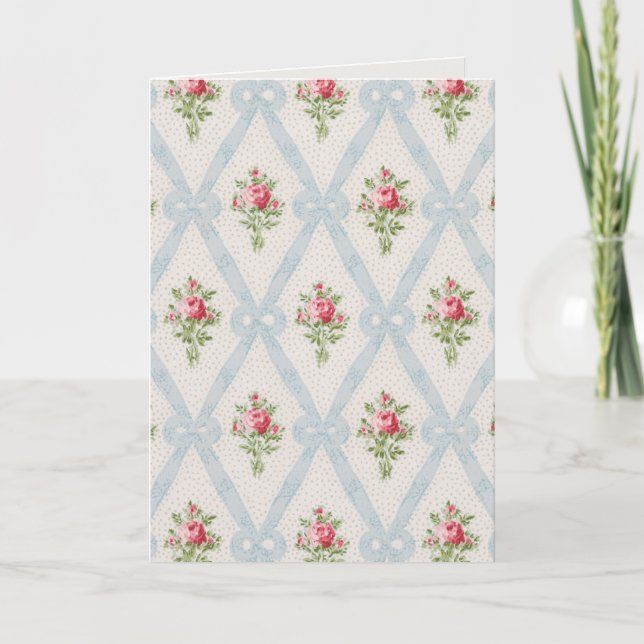 Carte De Remerciements Rose Victorian Roses w/Blue Ribbon Lattice (Devant)
